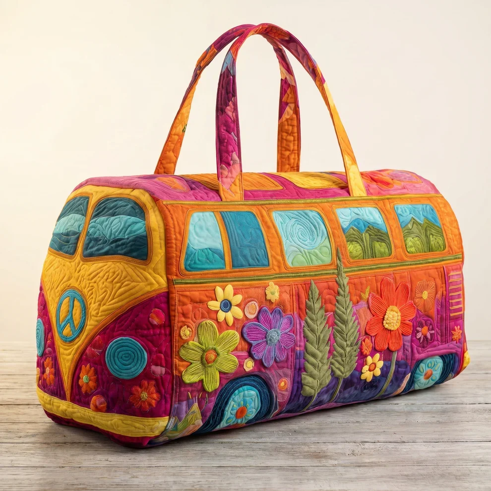 Handstitched Hippie Bus Weekender, handmade by Amber